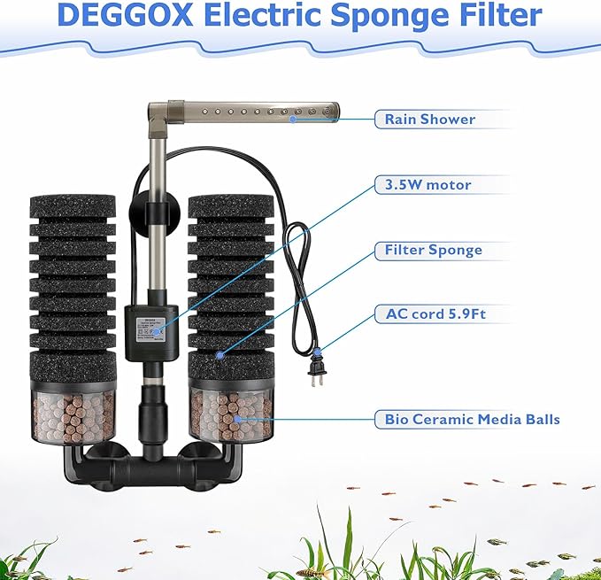 Upgrade Aquarium Electric Power Sponge Filter with Submersible Pump ，Ultra-Quiet Motor with Bio Ceramic Media Balls and 2 Spare Sponge (L for 20-55 Gal)