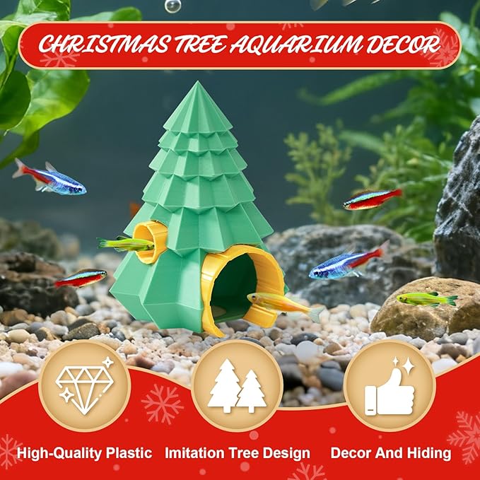 Christmas Fish Tank Decorations, Aquarium Christmas Tree Decor for Hiding, Fish Tank Hideout Ornaments, Aquarium Accessories Cave Decor for Shrimp Betta
