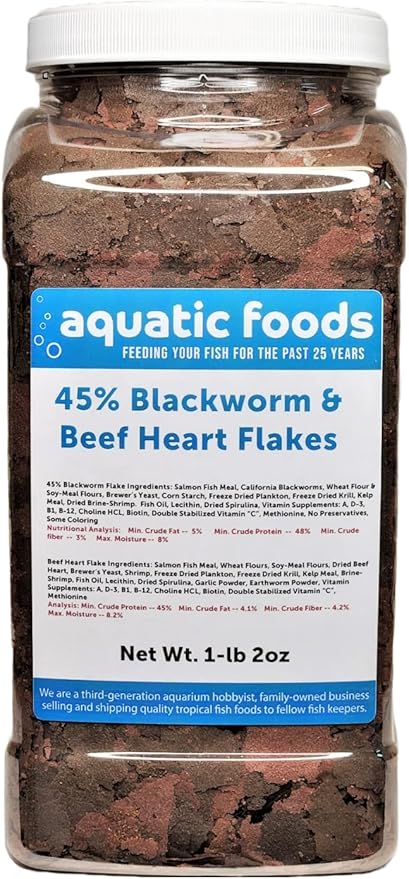 45% Blackworm Flake & Beef Heart Flake Mix for Discus, Cichlids, All Tropical Fish. Aquatic Foods Premiun Flakes…1-lb 2oz Lg Jar