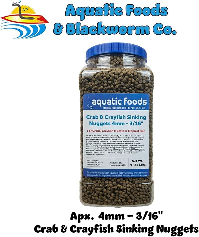Crab & Crayfish 4mm-3/16 Sinking 40% Protein Nuggets for Crabs, Crayfish, Axolotl, Salamanders, Snails, All Bottom Tropical Fish... 4-lbs 12oz Jar