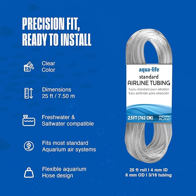 Penn-Plax Aqua-Life Standard Airline Tubing - 3/16 Inch Flexible Airline Hose for Aquarium Pumps, Fish Tank Line for Air Stones & Filters - Safe for Freshwater & Saltwater - 25 ft Long, Clear