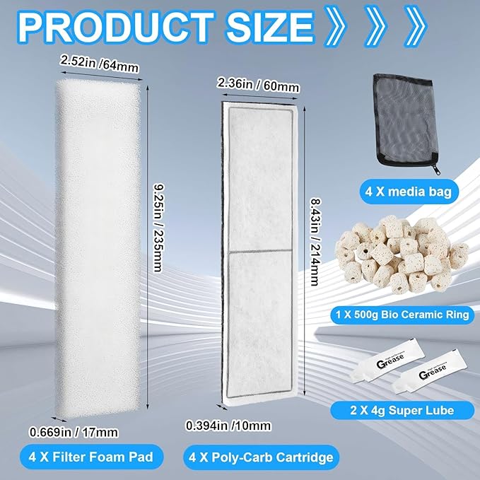 Threlaco 15 Pcs Underwater Filter Media Compatible with Fluval U4, Including 4 Biological Foam Mat, 4 Poly/Carbon, 500g Bio-Ring, 4 Mesh Bags, 2 Grease, Maintenance & Replacement Filter Media Kit