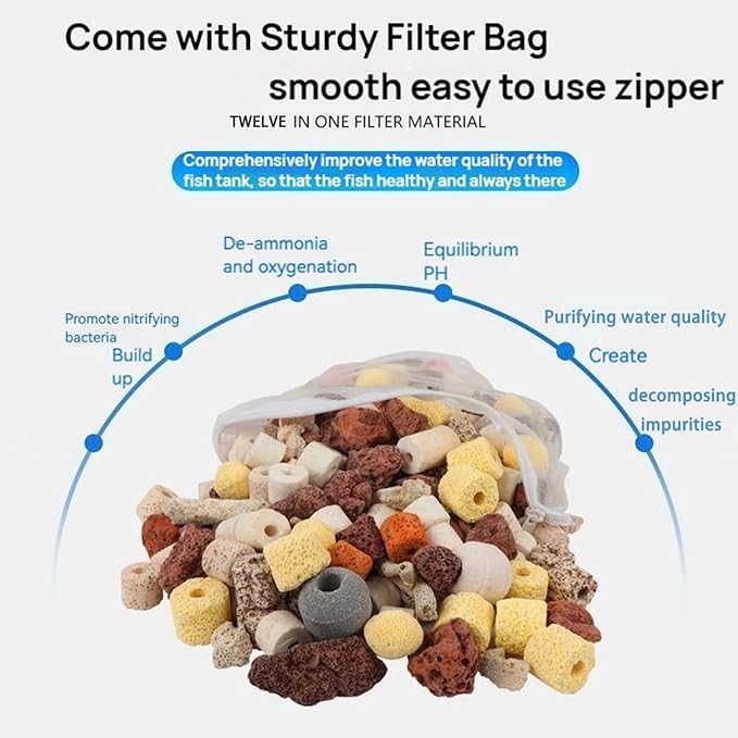 Bio Aquarium Filter Media, 12 in 1 Fish Tank Filter Material, Ceramic Rings Activated Carbon Bio Balls Freshwater Marine Biological Filter Media for Koi Fish Tank Pond (2.2lb with Mesh Bag)