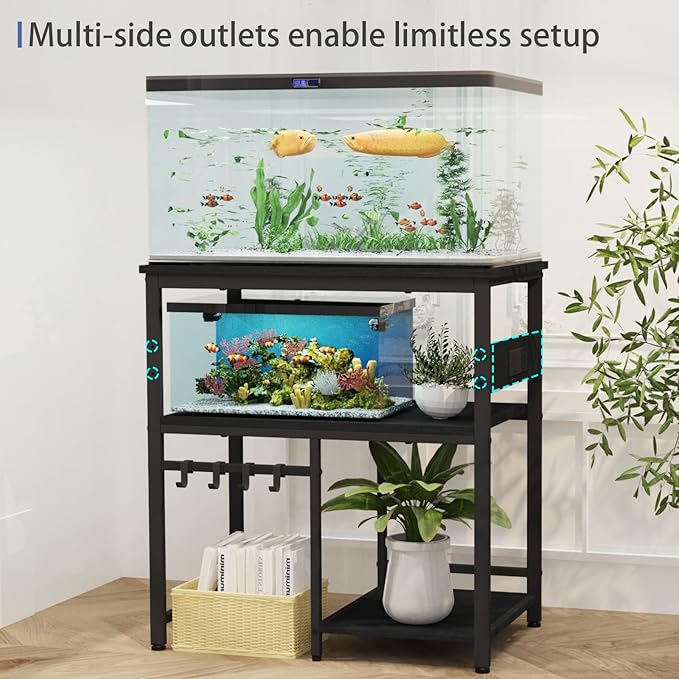 20-29-37 Gallon Fish Tank Stand, 3-Tier Aquarium Stand with Power Outlet Reptile Tank Stand Heavy Duty Terrarium Stand for Home Office, Black