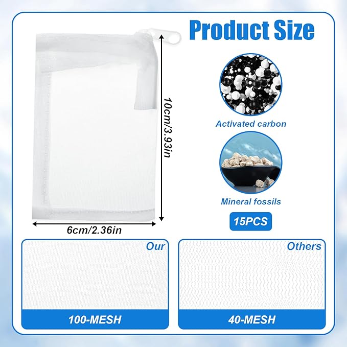 15 Pcs Aquarium Filter Media Bags, Fine Mesh Filter Bags with Plastic Zipper, Reusable Polyester Net Bag for Activated Carbon, Bio Balls, Ceramic Rings, Fresh Saltwater Tanks (2.4" x 4")