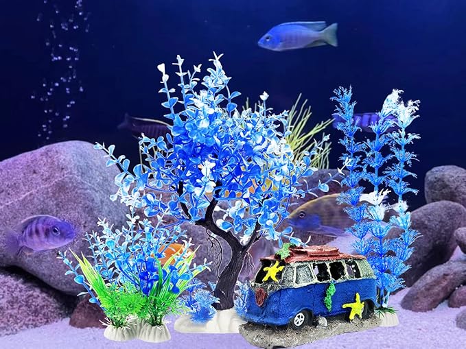 4PCS Fish Tank Aquarium Decorations Plastic Plants with Resin Cave Rock for Fish Hideout (Blue Set)
