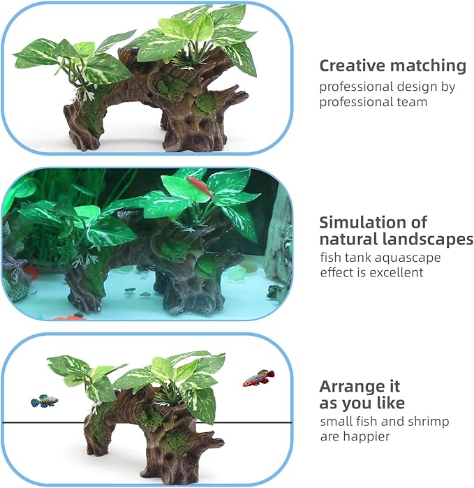 relaqcc Aquarium Decor Ornaments Artifical Driftwood Cave Fish Tank Decorations Silk Aquarium Plants for Betta Fish Tank Accessories