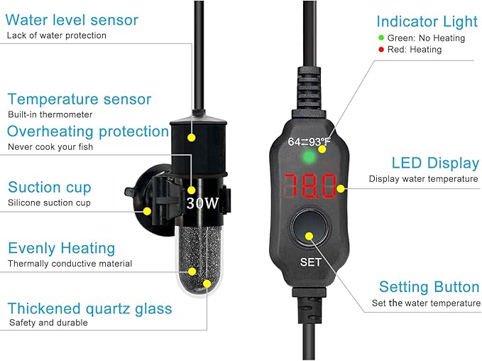 YukiHalu Super Mini Aquarium Heater, 10W 20W 30W Adjustable Fish Tank Heater with External Controller, Overheating Protection, Digital Display, Used for 0.5-3 Gallons(10 watts)