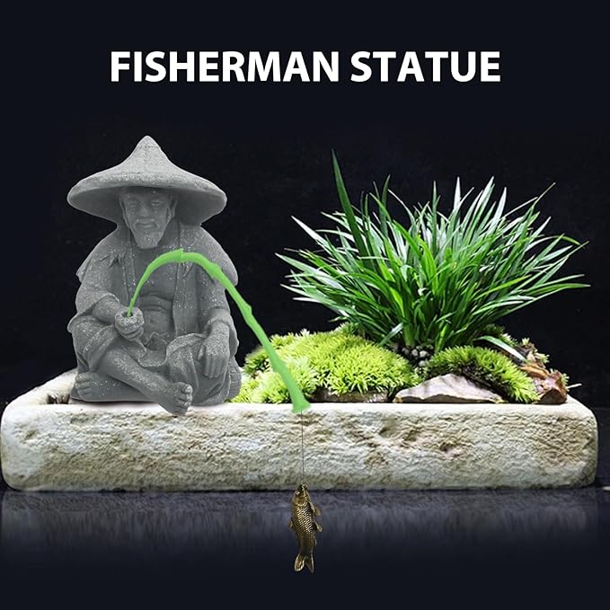 Asian Fisherman Statue, Livelyfish Aquarium Fisherman, Sitting Fishing Garden Statue, Vintage Resin Figurine for Home and Aquarium Decoration