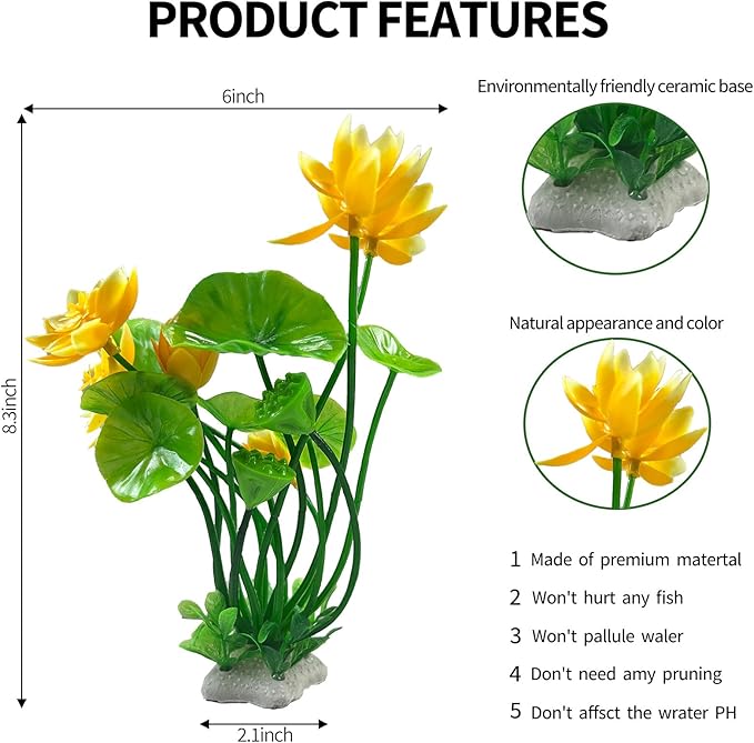 Artificial Lotus Flowers for Aquarium Fish Tank Plants Decorations, 2 Pack, 8.3" High, with Yellow and Pink Blossoms, Green Stems and Leaves, Perfect for Aquarium Decor