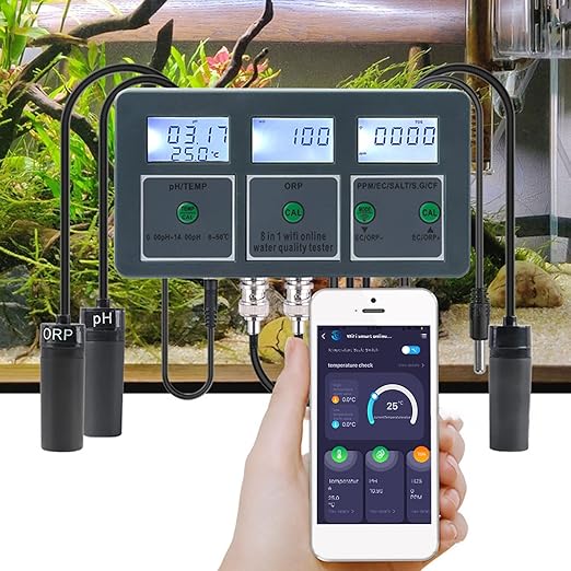 8 in 1 Water Quality Tester, pH EC TDS ORP SG Salt CF Temperature, Real Time Wi Fi Monitoring, Tuya App Compatible, for Aquariums, Hydroponics, Pools, Spas