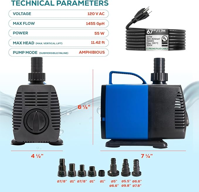 Aqua Dream 793 GPH Amphibious Water Pump - 55W Submersible or Inline External Pump with Corrosion Resistant Ceramic Shaft, 8.85ft Max Lift for Aquariums, Ponds, and Hydroponics - 2 Pcs