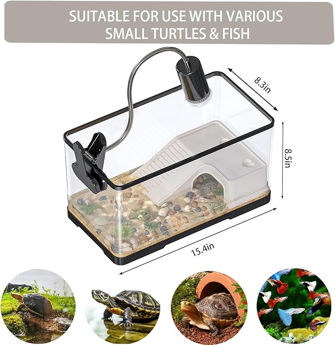 4.7 Gal Turtle Tank Kit(Tank+Adjustable Light+5W Filter+Basking Platform),Upgraded Turtle Tank Starter Kit with UV Basking Platform Light for Crabs,Fishes,Amphibians,Reptiles(15.4 * 8.5 * 8.35 Inch)