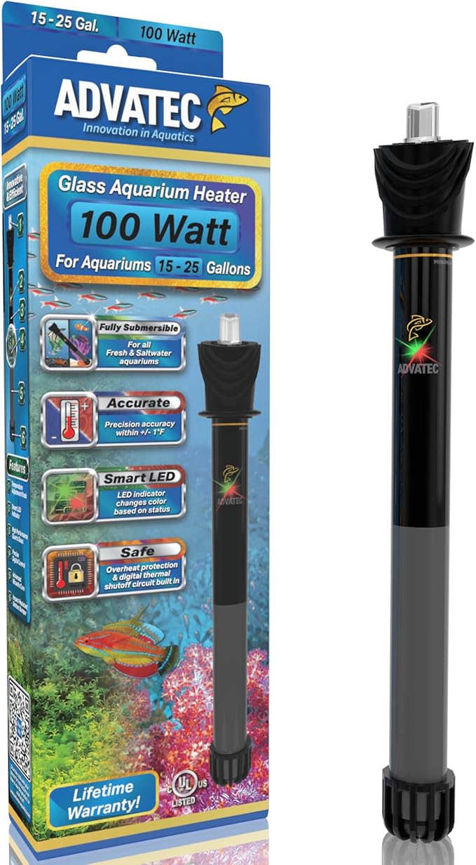 Glass Aquarium Heaters with Advanced LED Temperature Control System - for Fresh & Saltwater Aquariums (100 Watts / 15-25 Gallons)
