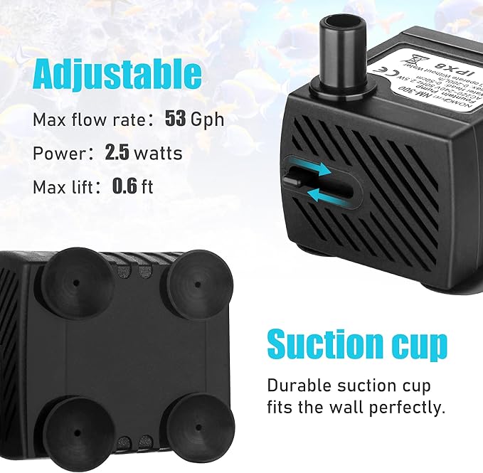 Submersible Pump 53GPH(200L/H) Fountain Pump Accessories kit, The Machine Parts of Neptonion Reptile Water Feeder, Includes 2.5W Aquarium Pump, 2 Carbon Foam and a Water Pipe
