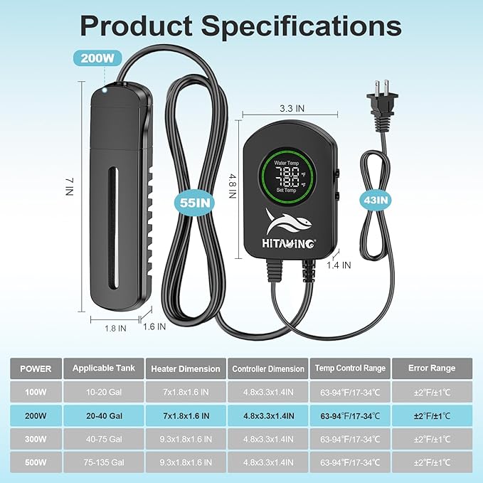 HiTauing Aquarium Heater, 100W/200W/300W/500W Fish Tank Heater with Upgraded LED Large Display, Up/Down Control Buttons and Intelligent Leaving Water Automatic Power-Off for Saltwater and Freshwater