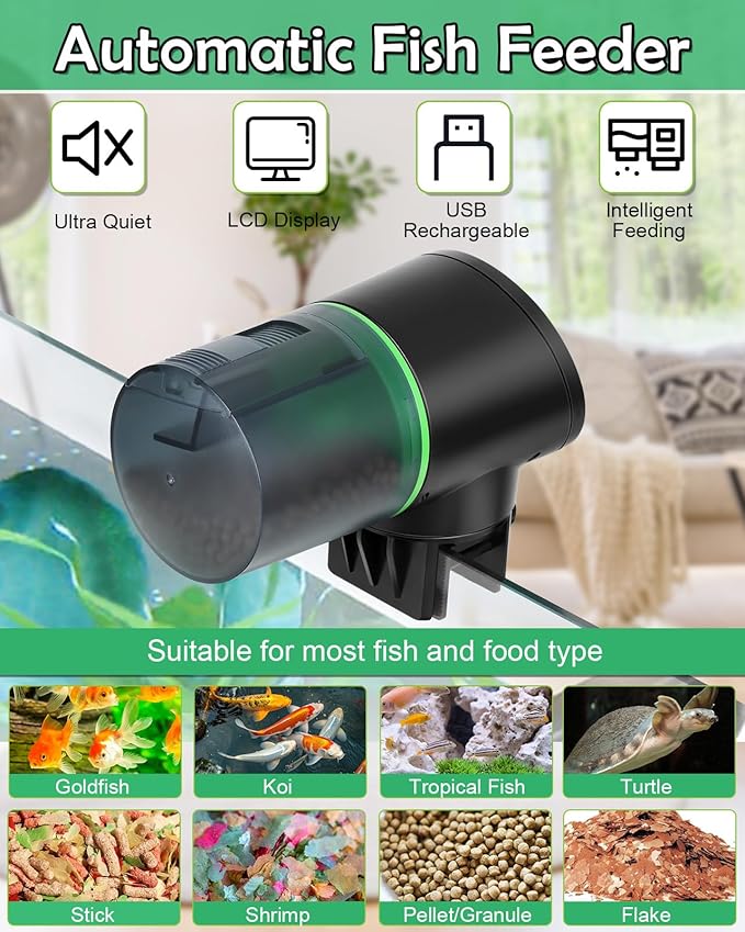 Automatic Fish Feeder for Aquariums - Rechargeable Auto Fish Food Dispenser Timer Feeder with USB Charger Cable，LCD Screen, Customized Schedule