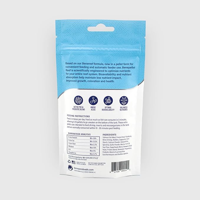BenePellet Reef Food - Optimize Coral Color, Health & Nutrients, Shrimp, Inverts & Microorganism Feed, Designed for Autofeeders, 1.7mm Sinking Pellets - 38 Grams