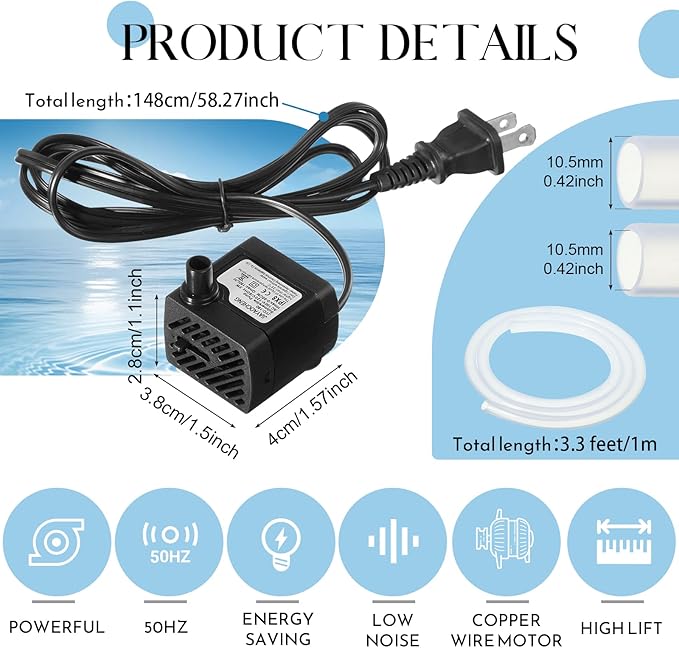 Lounsweer 6 Pcs Small Fountain Pump 50gph Mini Submersible Water Pump with 3.3 ft Tube 3W Quiet Water Fountain Pumps for Fish Tank Hydroponics Fountains Ponds Aquariums