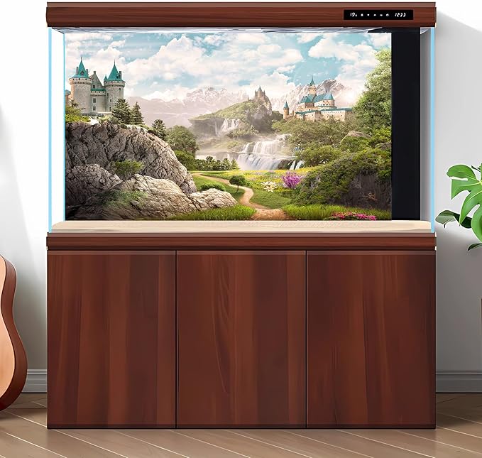 Mountain Waterfall Aquarium Background Rocky Mountains Cascading Falls Fish Tank Background Fantasy Castle Foggy Blue Sky Reptile Tank Backgrounds Meadow Flowers Reptile Enclosure Backgrounds 72x18in