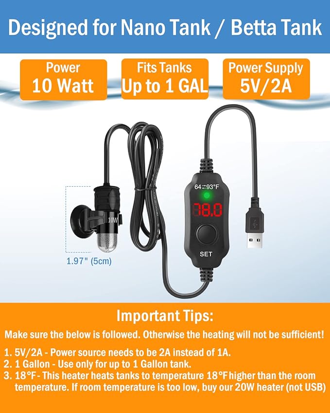 AquaMiracle Mini Aquarium Heater 5V/2A USB 10W Small Fish Tank Heater for Tanks up to 1 Gal, Digital Display Thermostat Betta Heater with Dry-Run & Overheat Protection, Memory Function