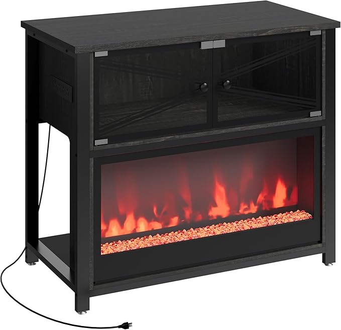 40-50 Gallon Fish Tank Stand with 20-Color LED Flames, No Heat, Metal Frame Structure Aquarium Stand, Glass Doors Storage Cabinet Holds Up to 700 LBS, Fit for Turtle Tank, Reptile Tank (Black)