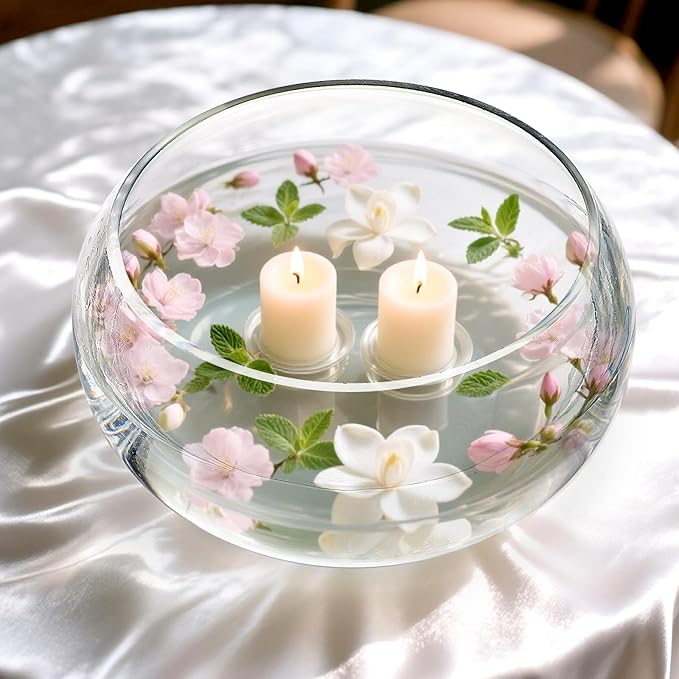 Jucoan 0.9 Gallon Glass Fish Bowl with Decor, Clear Round Shallow Glass Bowl for Betta Fish and Aquatic Plants, Includes Aquarium Decor Stones, Tree and Fish Nets for Holiday Wedding Centerpiece