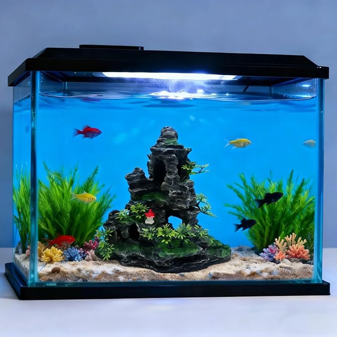 Large Aquarium Decoration Resin Fake Rock Mountain Ornament Landscape Castle Decoration Fighting Fish Reptiles Turtles Hiding Cave Fish Tank Ornaments Accessories - Height 10.7 inches (Green)