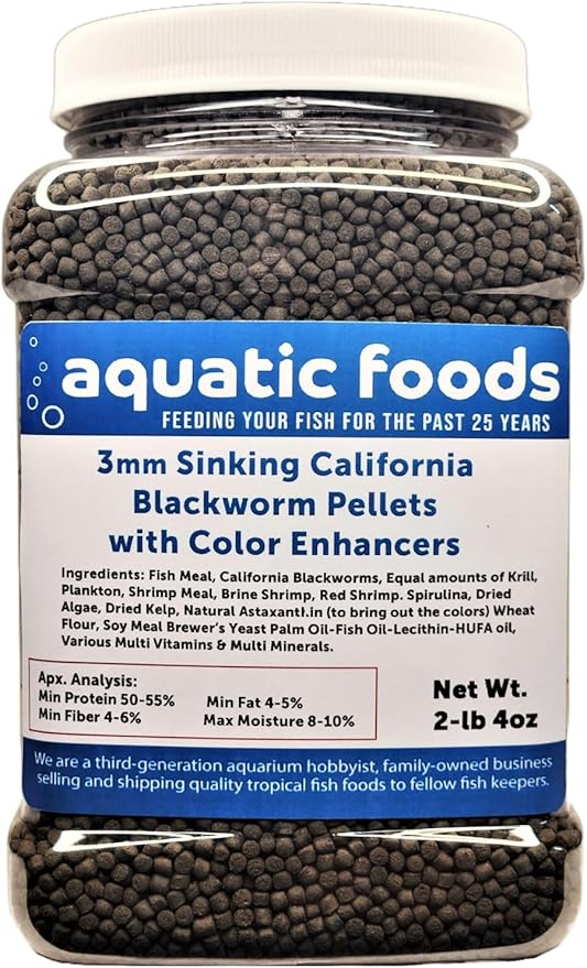 3mm Sinking Blackworm Pellets with Color Enhancers & Vitamins for Shrimp, Snails, Crayfish, Catfish, All Bottom Fish, All Tropical & Pond Fish…2-lb 4oz Med Jar