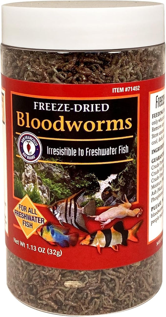 San Francisco Bay Brand Freeze-Dried Bloodworms Fish Food - All Natural High Protein Treat for Freshwater Fish, Bettas, Tetras, Barbs, Catfish, Aquatic Amphibians - Betta Fish Food - 1.13 oz (32g)