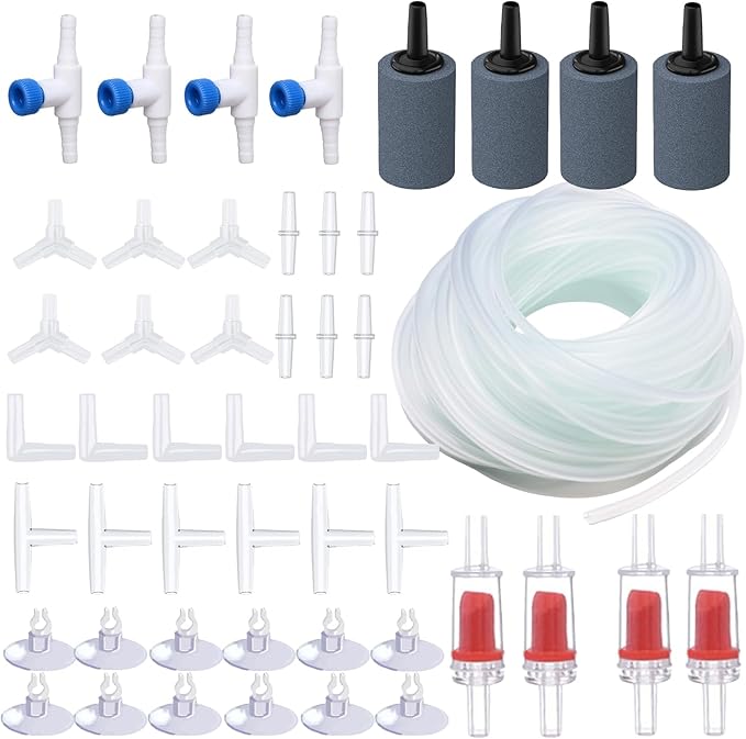 Aquarium Air Pump Accessories - Contains Airline Tubing, Control Valve, Air Stones, Connectors, Check Valves, Suction Cups