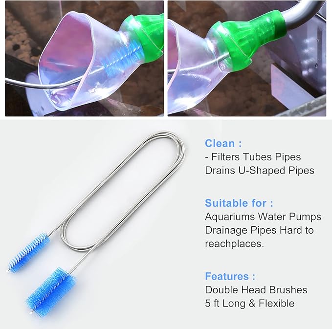 Flexible Drain Brush Cleaner Kit – 5ft Long Elastic Double Head Nylon Cleaning Brush + 3pcs 10inch Straw Brushes for Aquarium Water Filter Pipe Hose Air Tube Fish Tank Tub Sinks Glass Vase