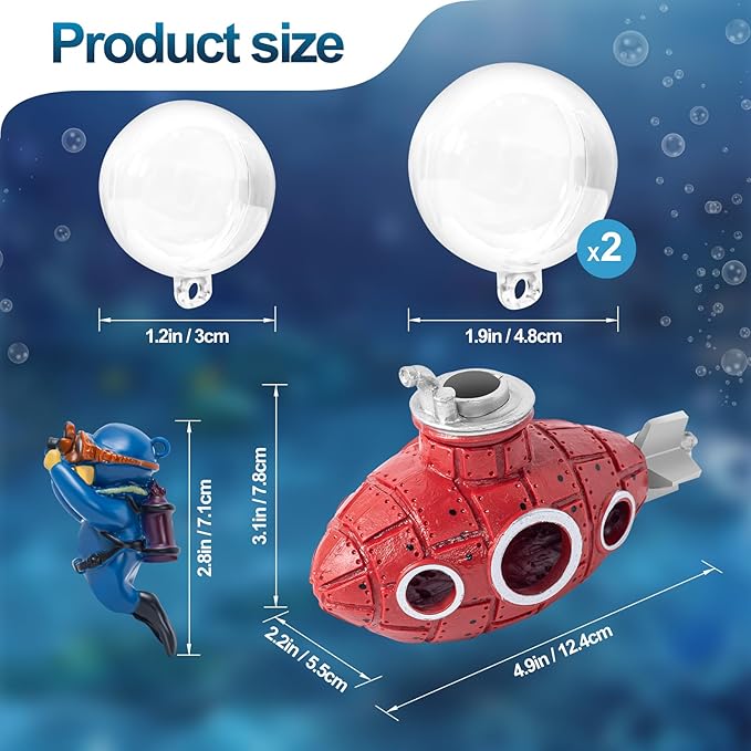 CousDUoBe New Upgrade Floating Fish Tank Decoration, Cute Retro Submarine Set and Floating Diver,Three Float Balls, Aquarium Decorations Resinous Betta Fish Tank Accessories