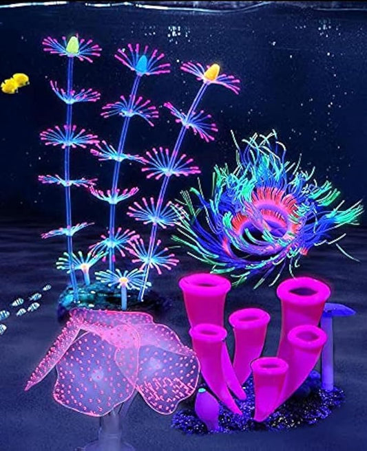 ZtohPyo 4 Pieces Aquarium Fish Tank Decorations with Glowing Effect, Silicone Glow Artificial Ornament Coral Reef Plants for Aquarium Decoration Small and Large Fish Bowl Decor Accessories