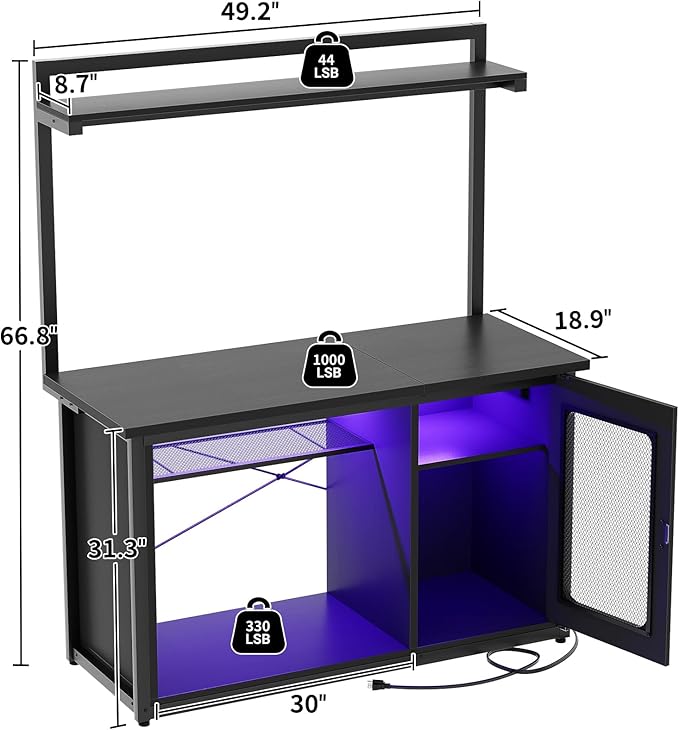 Unikito 55-75 Gallon Fish Tank Stand With Power Outlets & LED Light, Heavy Duty Aquarium Cabinet for Accessories Storage, Reversible Reptile Tank Terrarium Stand, Black