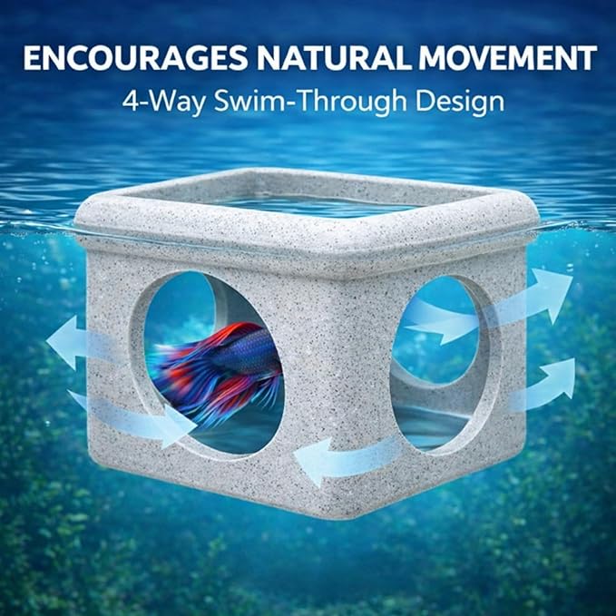 CPLIKE Marble Floating Betta Fish Hideout with Viewing Window & Round Holes – Floating Cave Hammock, Feeding Platform & Rest Tunnel – Betta Fish Shelter for Nano Tanks, Bowls & Small Aquariums
