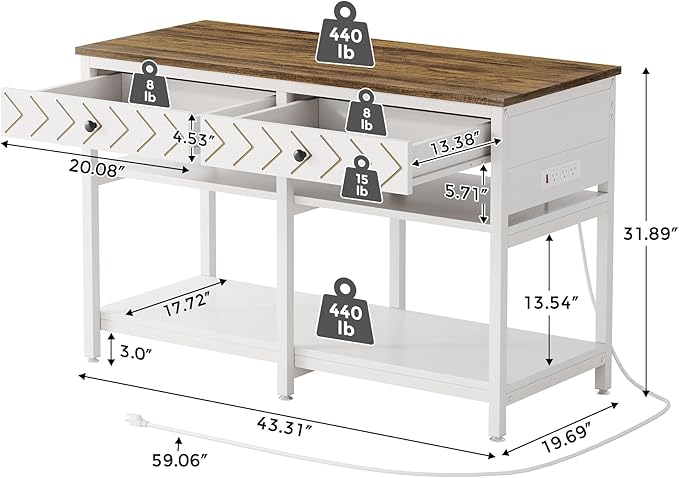 40-50 Gallon Aquarium Stand, Fish Tank Stand with Power Outlets and Drawers, Heavy Duty Metal Reptile Tank Stand for Turtle, 911LBS Capacity, White and Brown (No Aquarium)