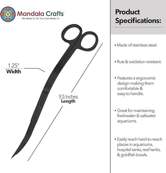 Mandala Crafts Extra Long Black Stainless Steel Curved Aquarium Scissors for Trimming Aquatic Plants – Wave Aquascape Scissors for Fish Tanks, Hospital Tanks, Goldfish Bowls, Aquariums, and Terrariums