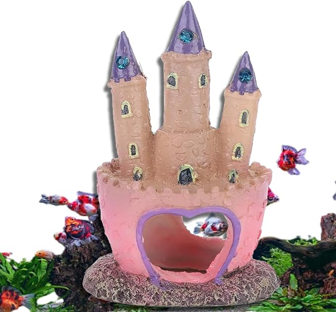 HERCHR Castle Aquarium Decoration, Fish Tanks Ornament Resin Castle Cave Hideouts House Plants Supplies Accessories Safe for Freshwater and Saltwater Fish Tanks(Pink)