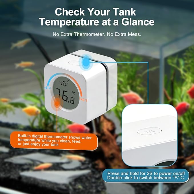 Nano Aquarium Magnetic Algae Scraper, Built-in High Accuracy Digital Aquarium Thermometer, 2 in 1 Fish Tank Glass Cleaner Tool for 1-30 Gallons Glass Tank