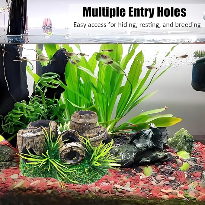 Aquarium Decorations Cave – Resin Fish Tank Ornament Barrel Hideout for Betta, Shrimp & Small Fish, Rock Cave Shelter Breeding & Hiding Decor Broken Barrel Aquarium Decoration (Broken Barrel-01)
