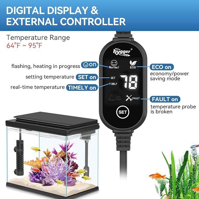 hygger Ceramic Submersible Aquarium Heater, New Explosion-Proof Fish Tank Water Heater with External Temp Controller Auto Thermostat Heater for Saltwater Freshwater (50W for 3~10 Gallon)