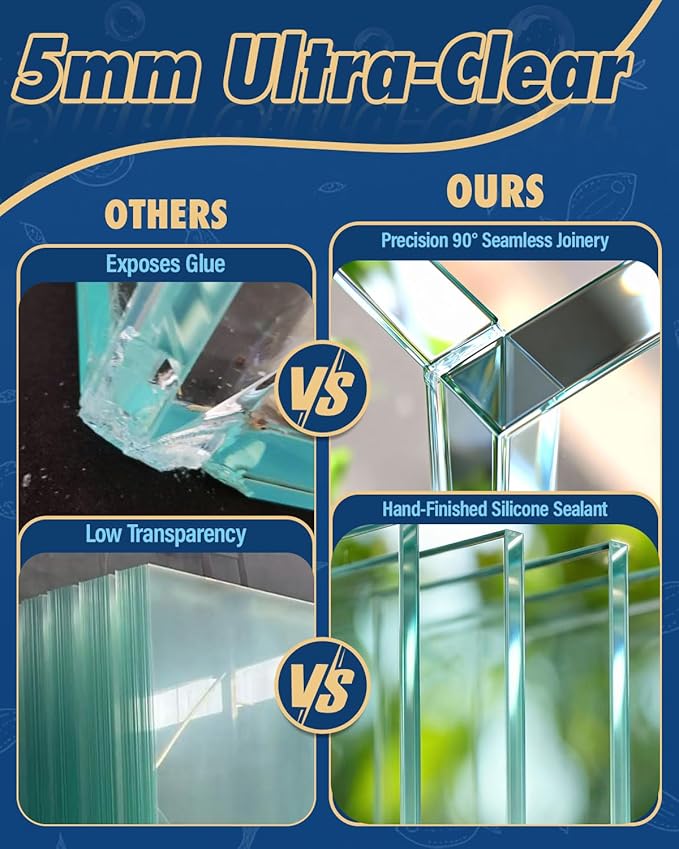 5 Gallon Ultra Clear Glass Fish Tank, Easy to Maintain Small Aquarium for Betta, Goldfish, Shrimp, Snails and Aquatic Plants