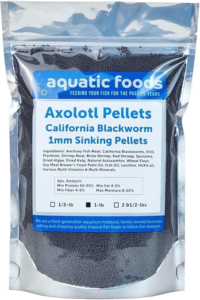 Axolotl Blackworm Pellets. 1mm-1/32 Sinking California Blackworm Micro Pellets for Baby Axolotl, Frogs, Shrimp, Salamanders, Newts, Snails…1-lb Pouch Bag