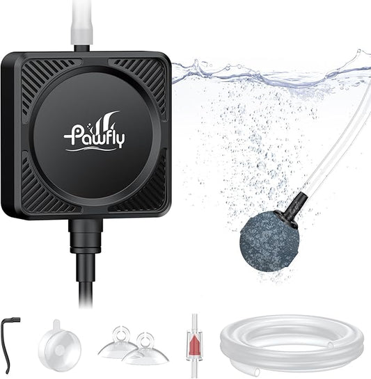Pawfly Nano Silent Aquarium Air Pump, Mini Bubbler with Accessories, 1.3 W Portable Oxygen Aerator for 1-15 Gallon Fish Tanks, 450 mL/min