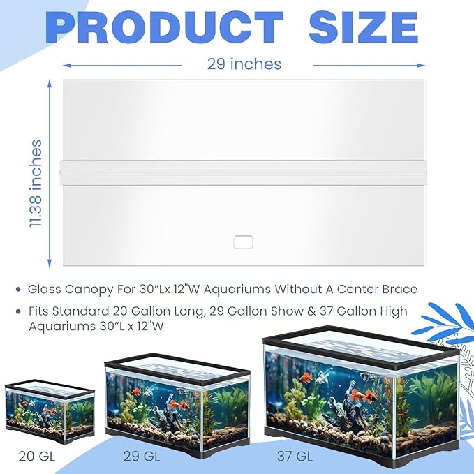 Juexica Aquarium Acrylic Canopy Set 29 x 11.38 x 0.28 Inch for 20/29/37 Gallon Without Center Brace Aquariums Cover Fish Tank Lid with a Hook Knife, Clear