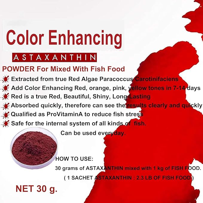 HULX Astaxanthin Red Color Enhancing Powder All Type Fishes Tropical Fish Goldfish KOI Baby Fry Fish Guppy Betta Small Fish Use Mix Fish Food Granular Flake Sinking Floating Pellets 0.06 Lb. (30 g.)