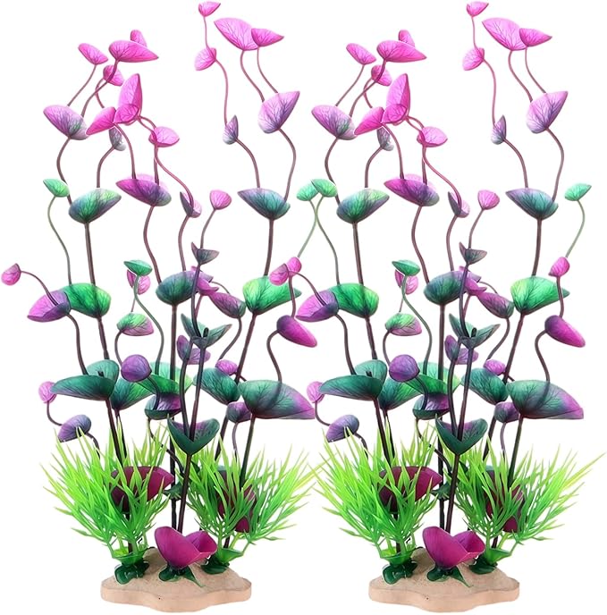 2 Pack 9.5 Inch Seaweed Artificial Aquarium Plants, Wine Red, Plastic, with Ceramic Base, for Aquarium, Indoor