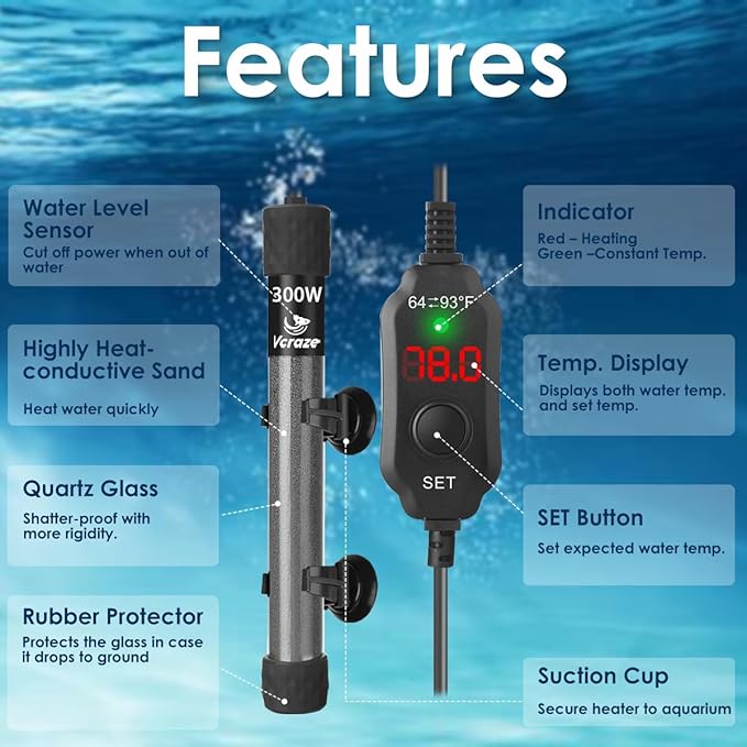 300W Compact Aquarium Heater for 40-60 Gallon Tanks | Submersible Fish Tank Heater with LED Digital Thermostat, Dry-Run & Overheat Protection, Memory Function