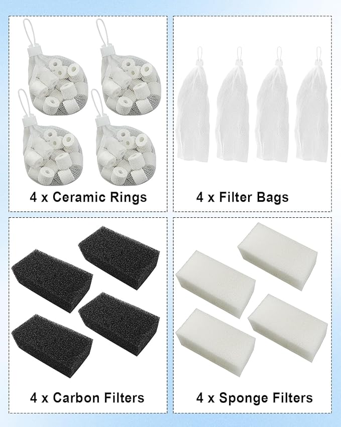 OCHIKI 4 Sets Aquarium Tank Filter Maintenance Kit Fit for AquaClear 50, Three-Stage Filtration Tank Carbon Filter & Foam Filter & Ceramic Rings & Bags for 20 to 50 Gallon Aquariums